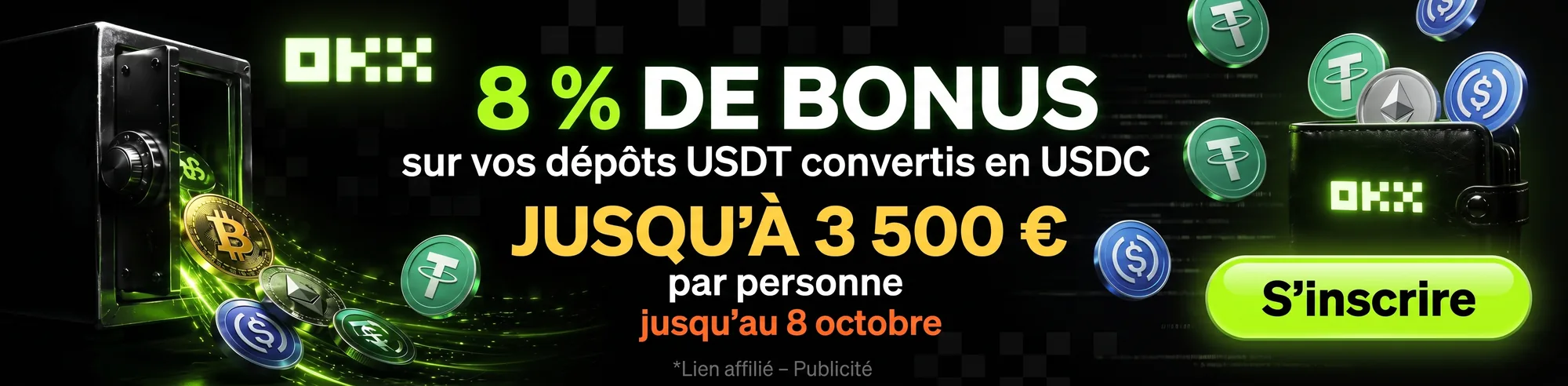 Bonus OKX : 8 % sur vos dépôts USDT convertis en USDC